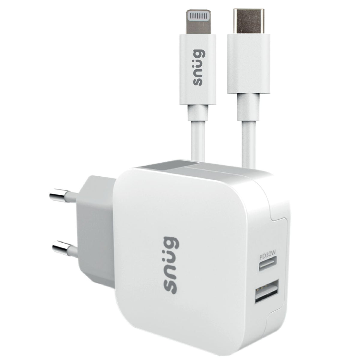 Snug 2 Port 30W PD Wall Charger And Type C To MFI Cable White